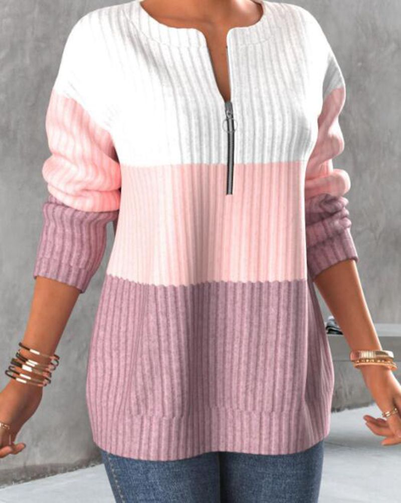 Zipper Contrast Panel Standing Neck Long Sleeve