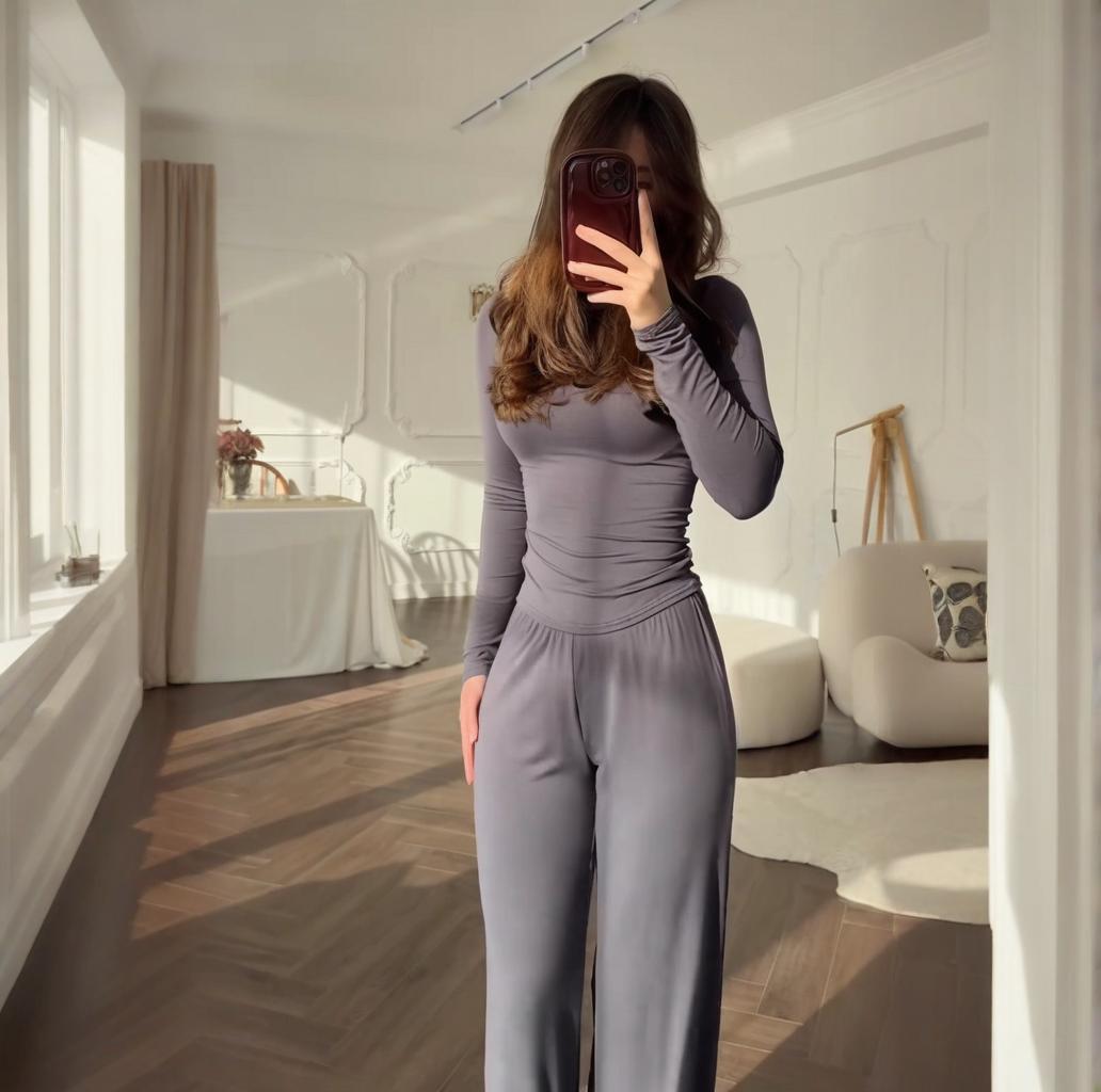 Women's Round Neck Solid Color Wide Leg Pants Stylish Office Suit