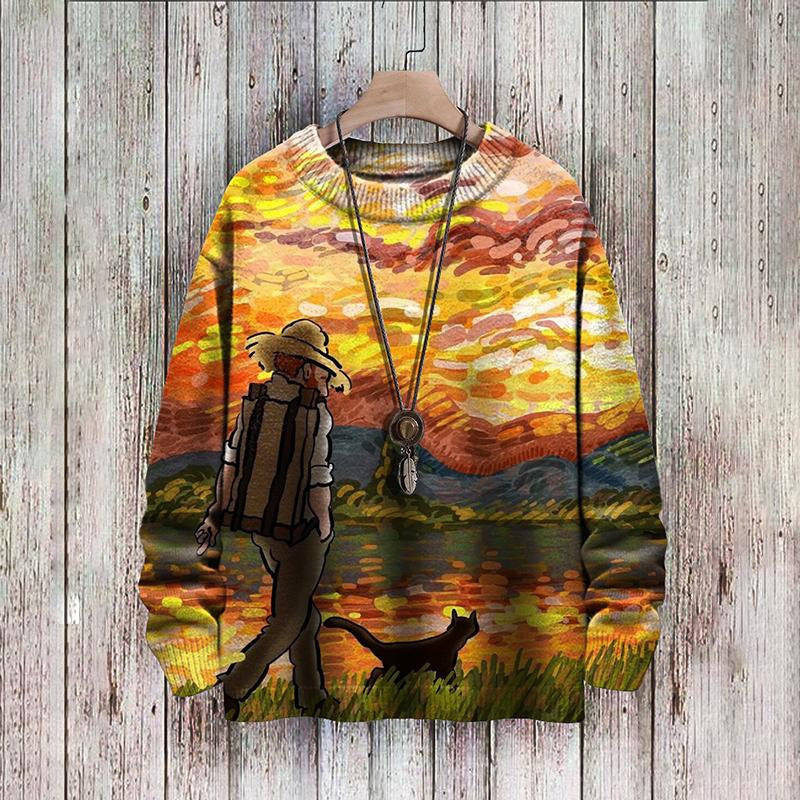 Abstract Style Digital Printing Drop-shoulder Long-sleeve Women's Sweater Casual All-matching