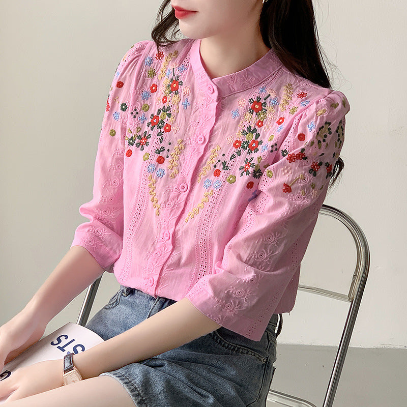 Women's Shirt Vintage Embroidered Jacquard Shirt Fresh Romantic Gentle Stand-up