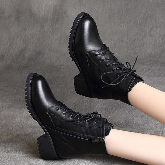 Soft Leather And Velvet British Style Thick Heel Short Boots All-match