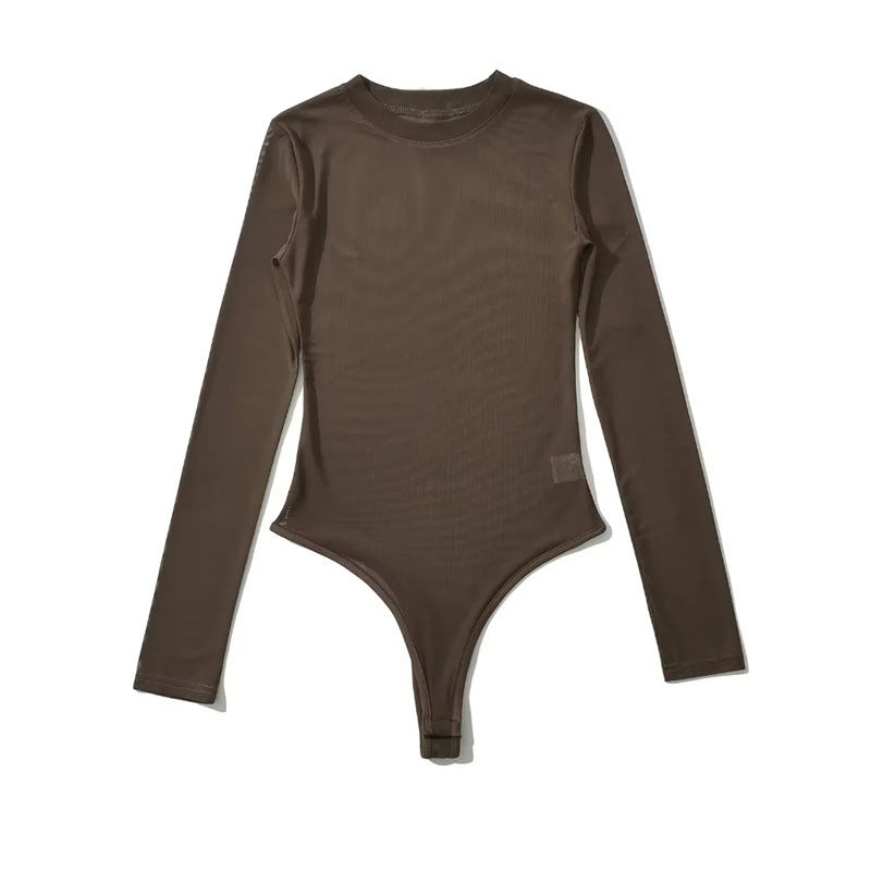 Niche Hot Girl Round Neck Long Sleeve Mesh Transparent Jumpsuit