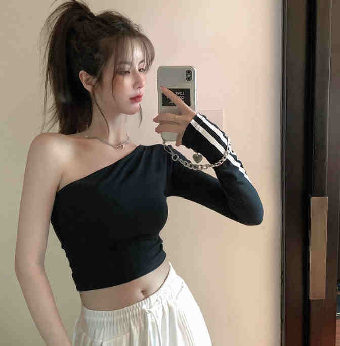 Solid Color Short Top Women's Off-shoulder Long Sleeve Casual T-shirt