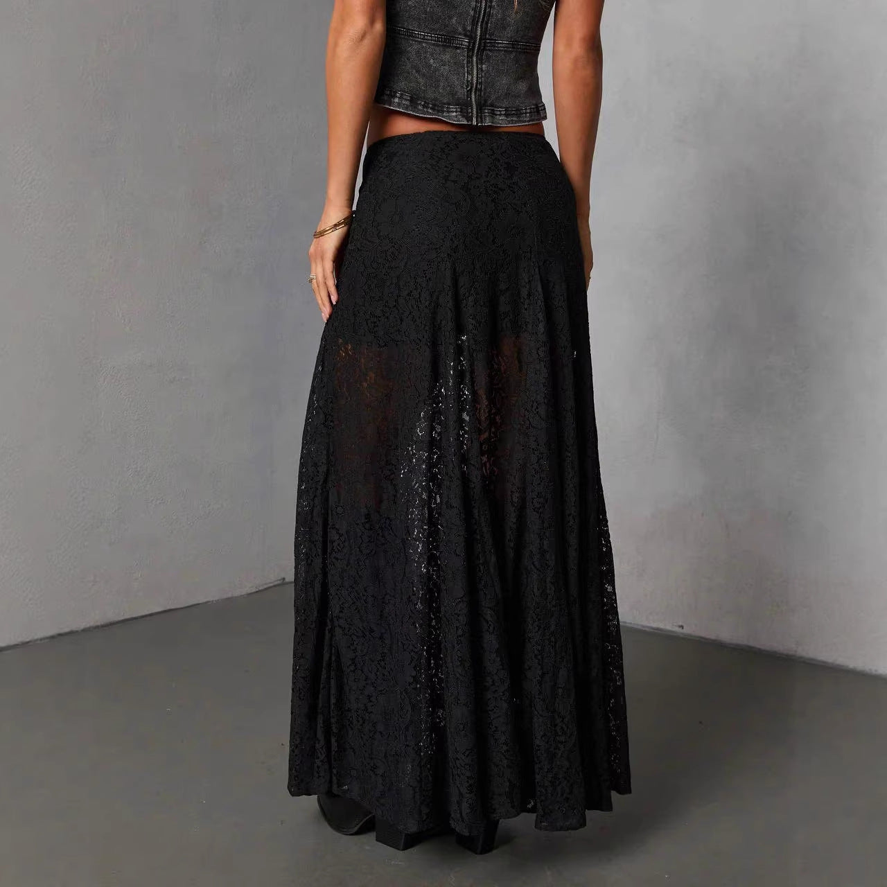 European And American Retro Versatile Black Polyester Lace Sheer Skirt