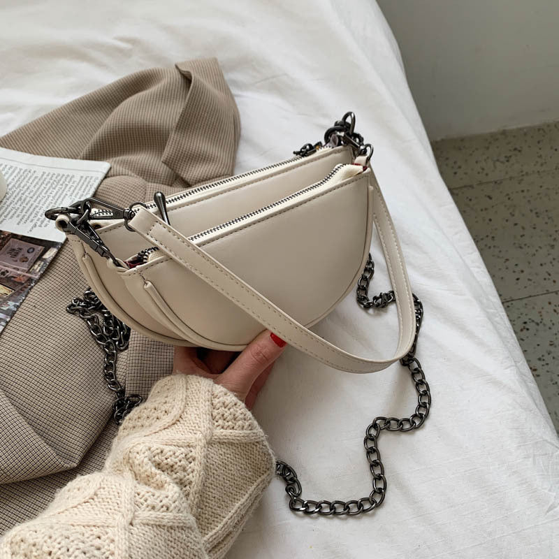 Women's New Retro Half Round Saddle Bag Double Chain