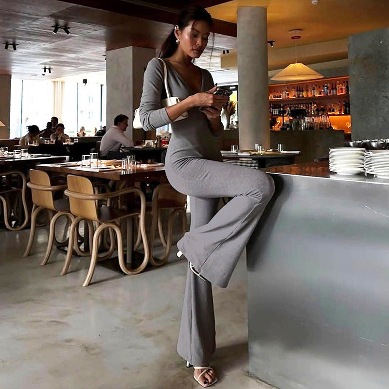 Solid-color V-neck Buttoned Bodycon Long-sleeve High-waist Flared Jumpsuit
