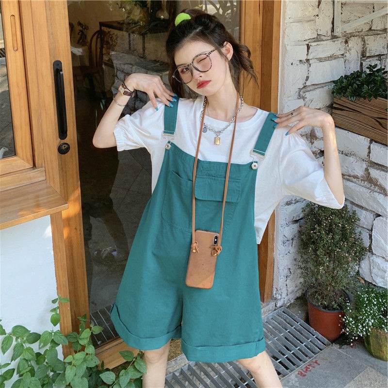 Suspender Shorts Women's Flanging Solid Color Cropped Pants