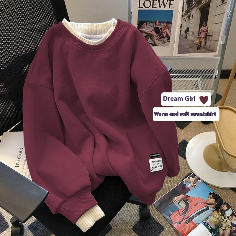 Round-neck With Fleece Lining Thick Fake Two Pieces Long Sleeve Loose Sweatshirt