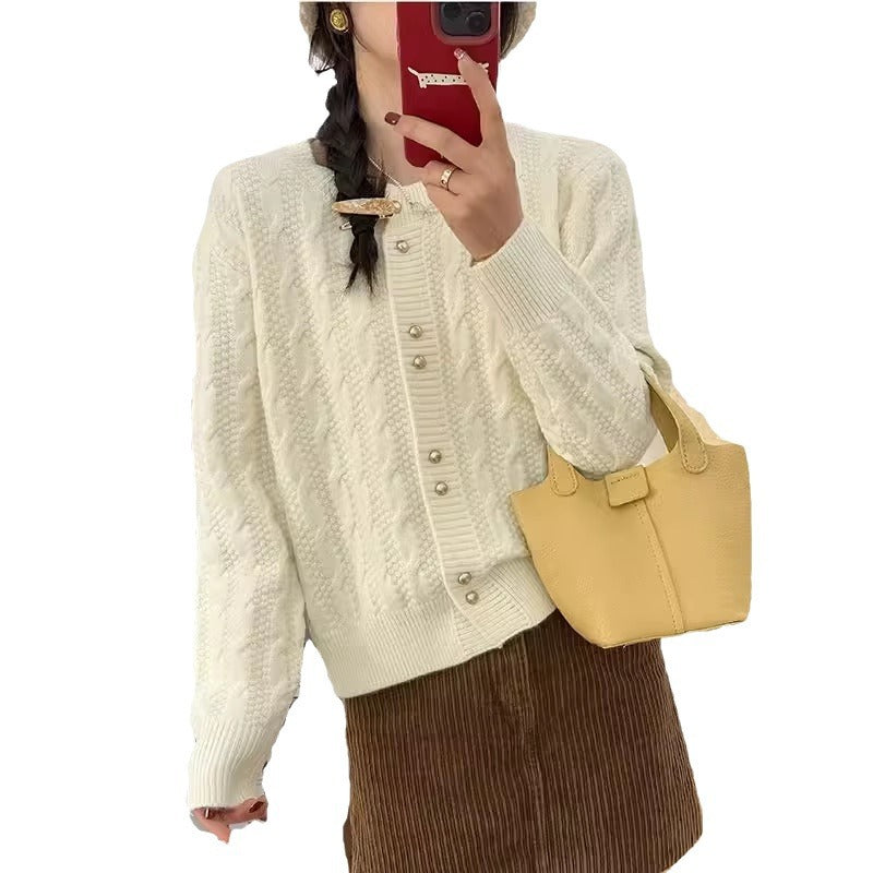 Twist Round Neck Pearl Buckle Soft And Comfortable Versatile Sweater Coat