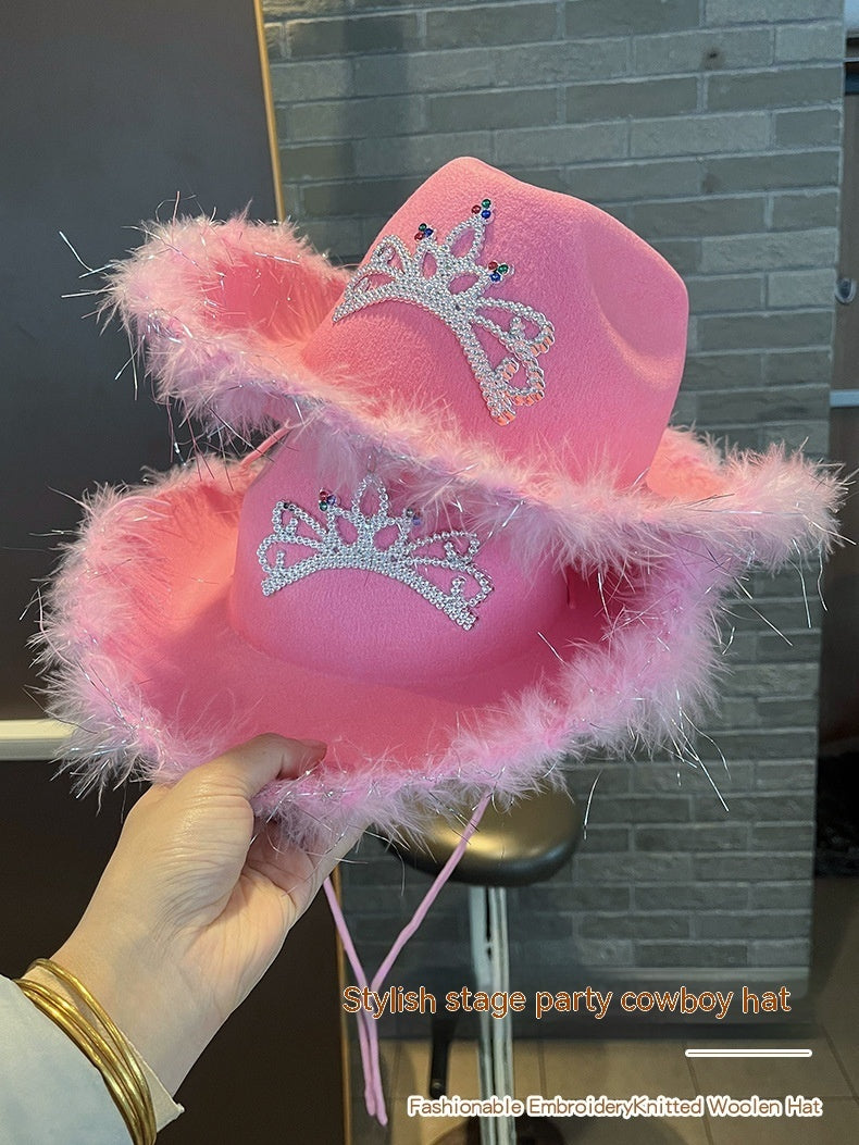 Western Denim Big Brim Sun-proof Rhinestone Crown Fedora Hat