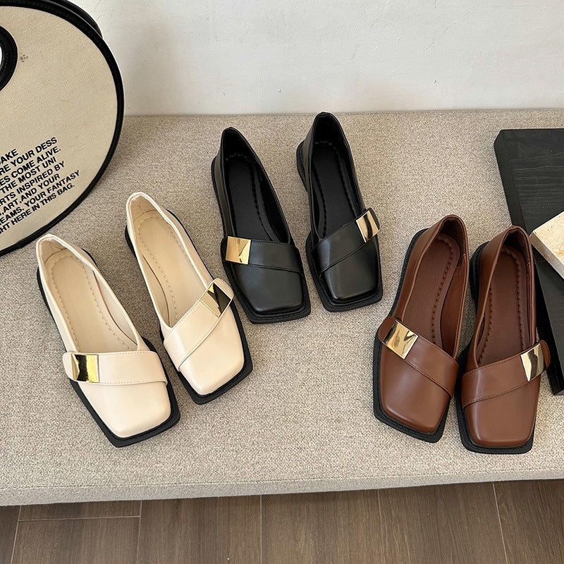 Metal Buckle Square Head Women's Flat-heeled Shoes