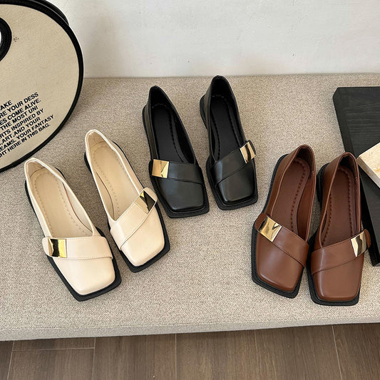 Metal Buckle Square Head Women's Flat-heeled Shoes