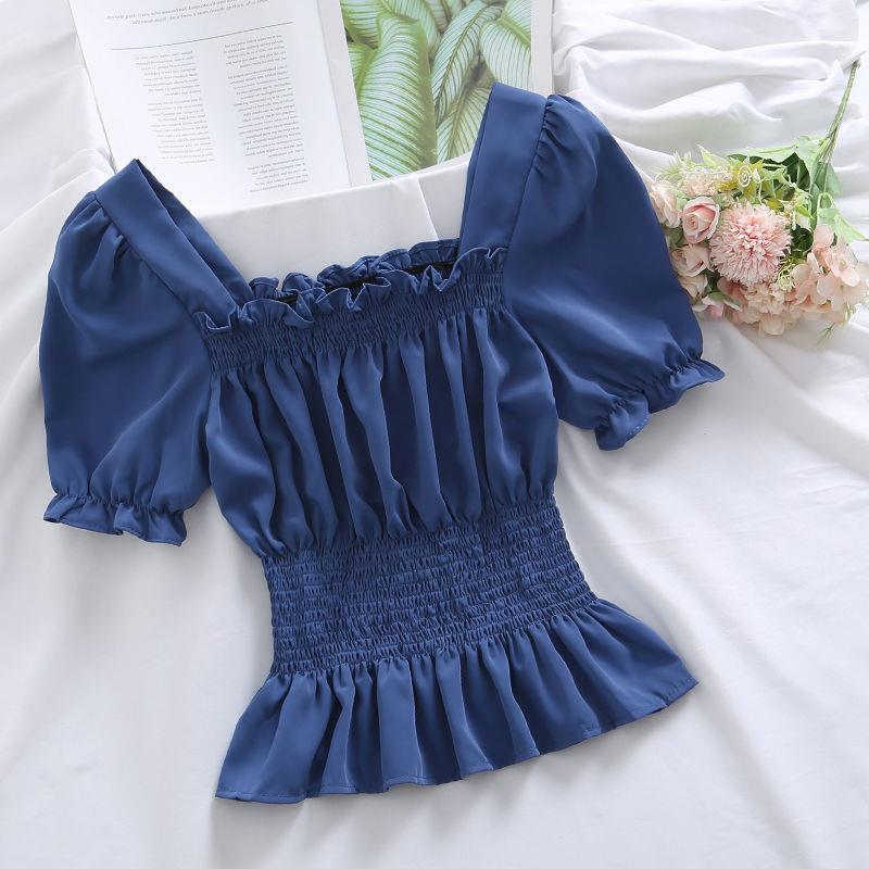 Summer New Design Sense Short Puff Sleeve Chiffon Shirt Women's Short Sleeve Square Collar Top