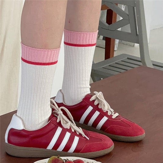 Dopamine Contrast Color Tube Casual Bunching Socks Cotton Double Needle Socks