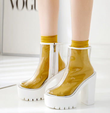 Transparent Film Waterproof Platform Thick Heel Color Matching High Heel Boots