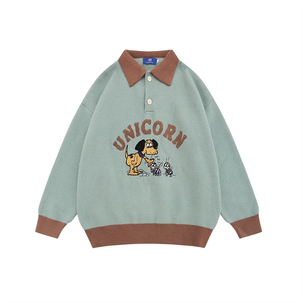 Cartoon Embroidered Knitwear Pullover Men