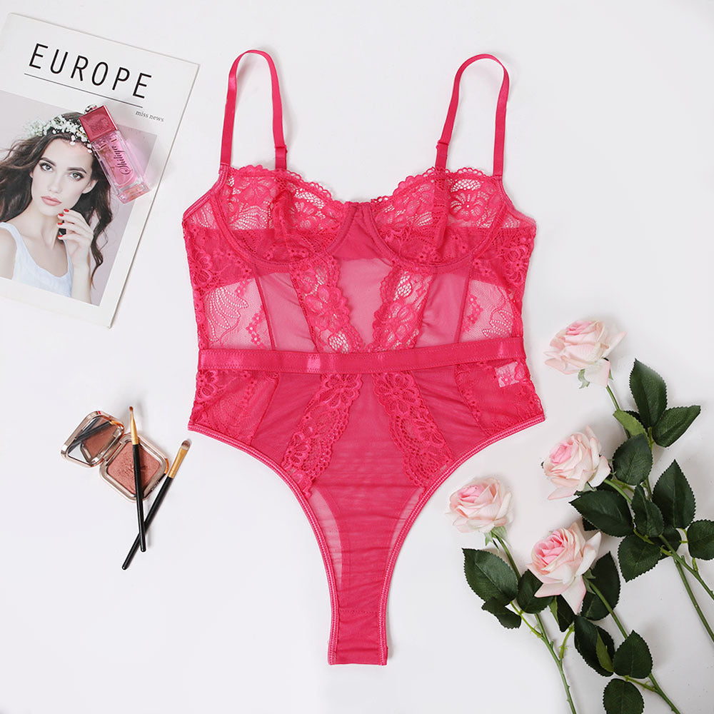 Womens Sheer Lace-trimmed Polyester Jumpsuit