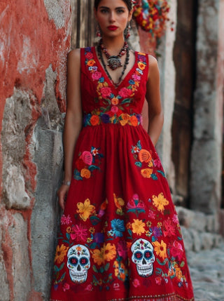 Stylish Womens Digital-Print V-Neck Sleeveless Maxi Dress