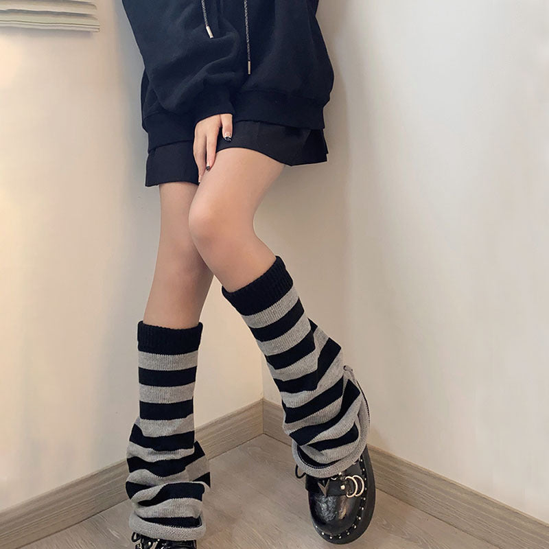 Black And Grey Striped Pile Socks