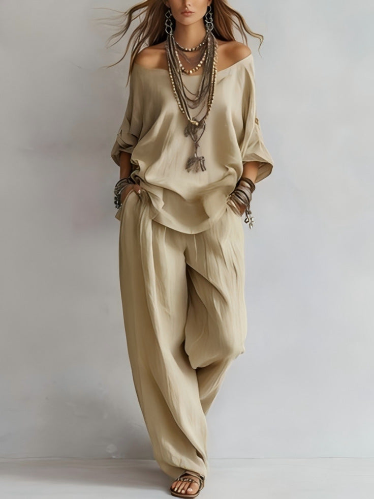 Women's Casual Loose Top And Wide-Leg Pants Set