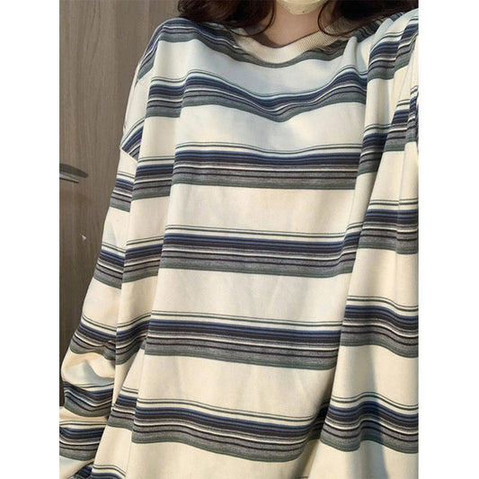 Stribet Sweater i Japansk Stil, Mælkehvid, Par, Fritidsstil, Mellemlang