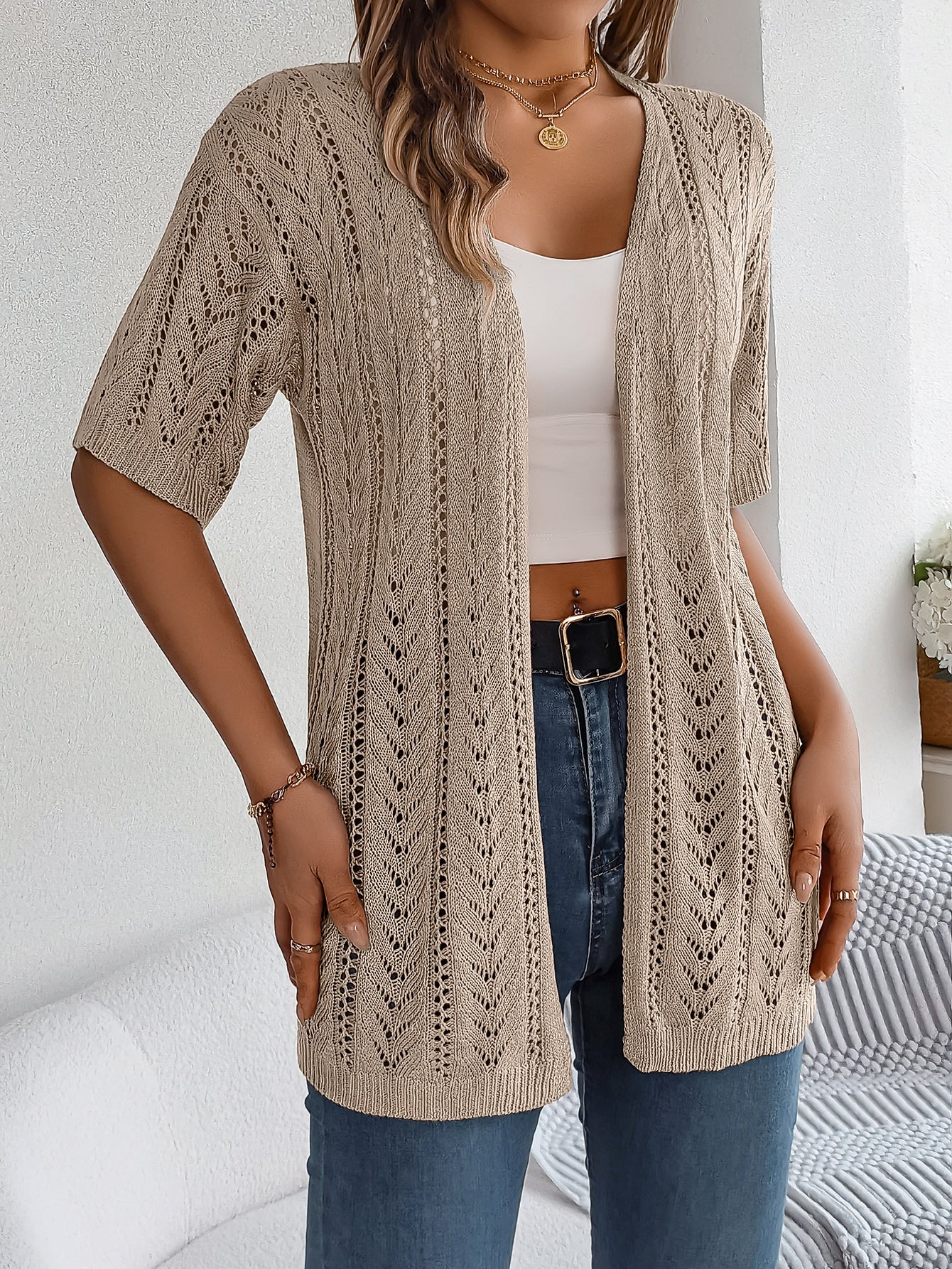 Women S Solid Color Hollow Out Short Sleeve Knit Cardigan Cover-Up