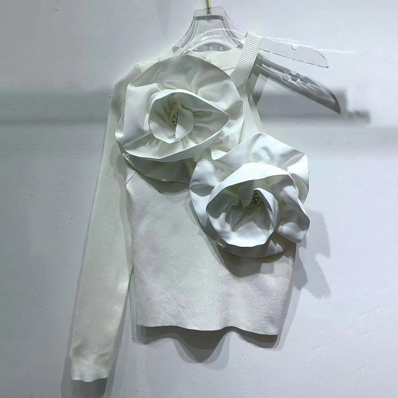 High-end Design Stitching Flowers Slim-fit Knitted Top
