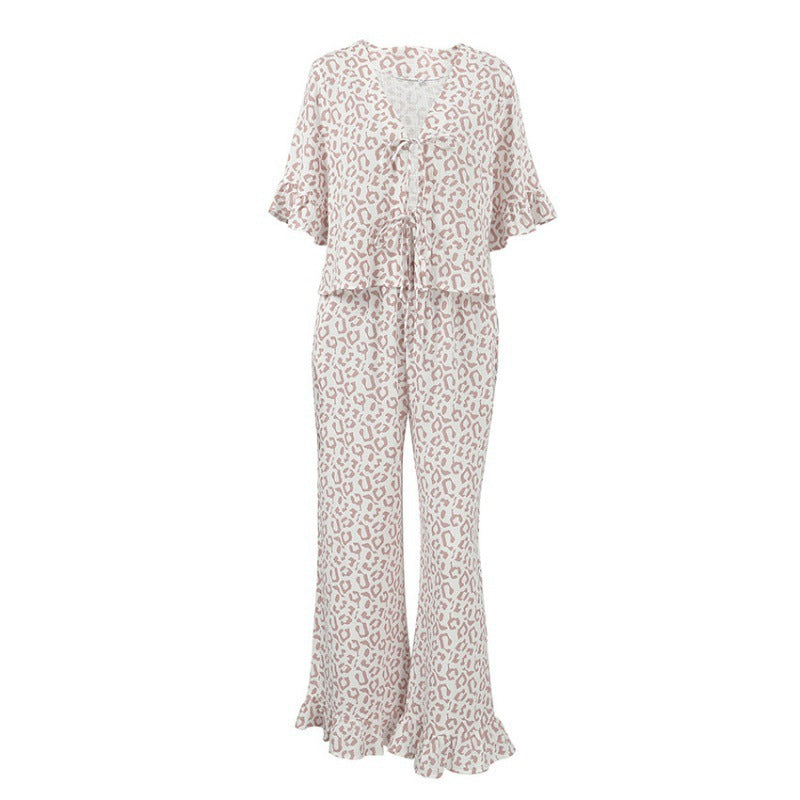 Leopard-print Cotton Ruffle-trimmed Short-sleeve Pajama Set With Long Pants