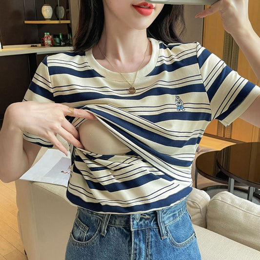 Pure Cotton Striped Postpartum Skin-Friendly Versatile Nursing Shirt