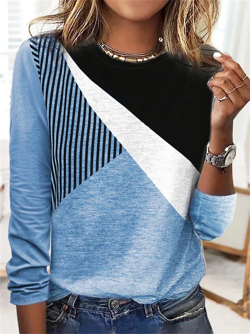 Rundhalset Colorblock Stribet Bund Langærmet Printet T-shirt