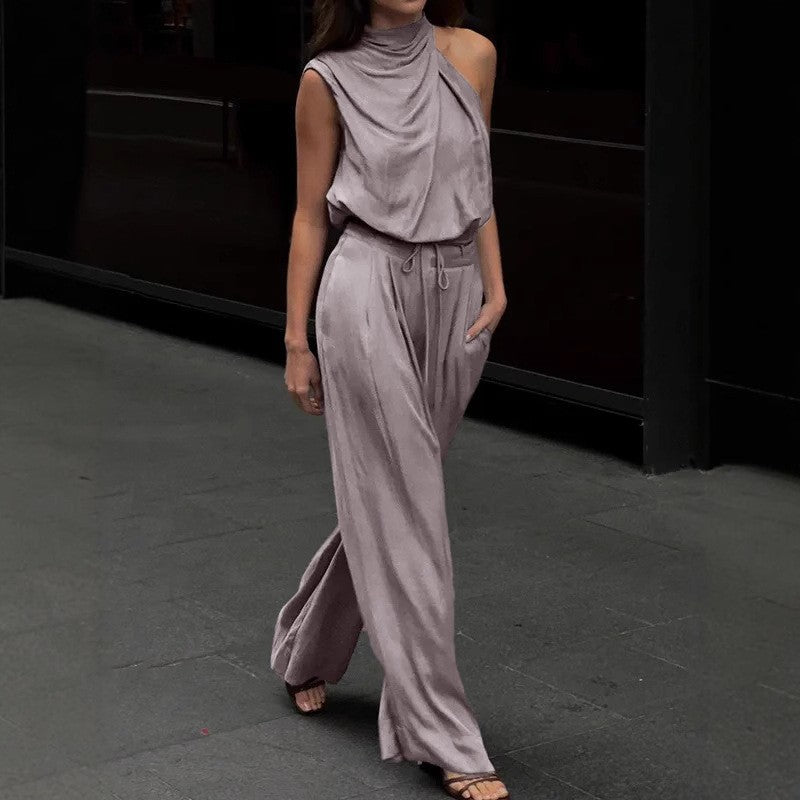 Womens Fashion Solid Color Turtleneck Sleeveless Top High-Waist Straight-Leg Wide-Leg Pants Set