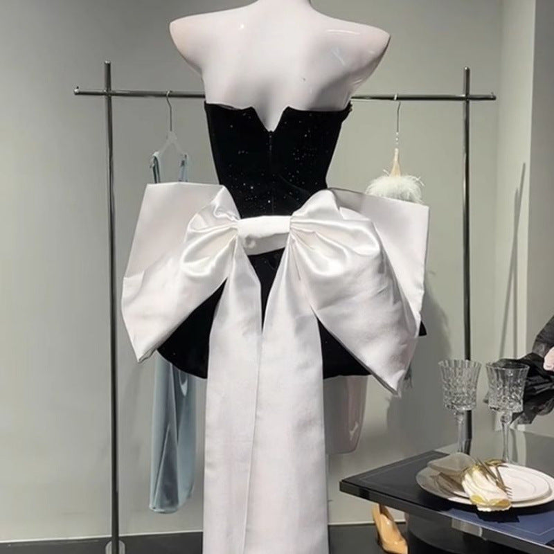 Birthday Little Dress High-end Light Luxury Niche Princess Puff Dress Bow Strapless Velvet Dress