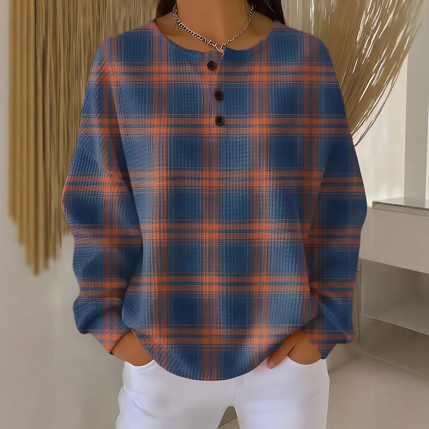 Retro 3D Digital-Print Three-Button Stand-Up Collar Sweater