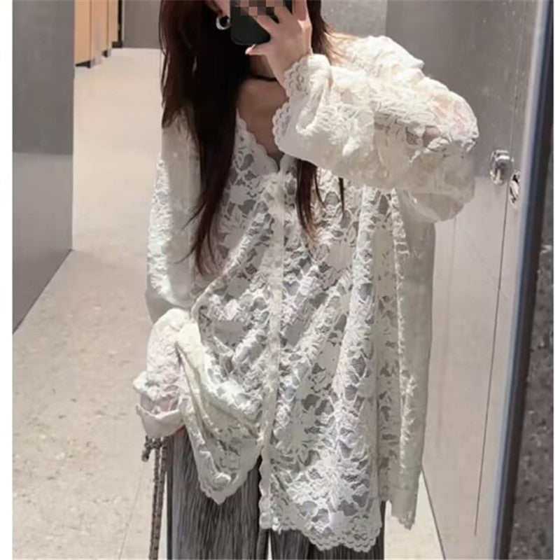 Womens V-neck Hollow-Out Crochet Long-Sleeve Lace Shirt