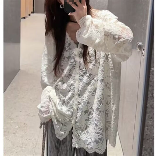 Womens V-neck Hollow-Out Crochet Long-Sleeve Lace Shirt