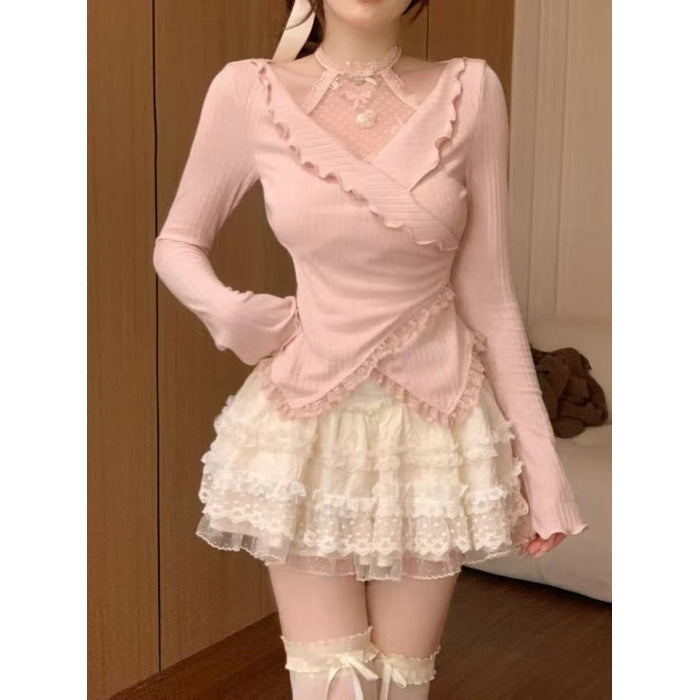 Womens Two Piece Set Asymmetrical Top Lace Skirt