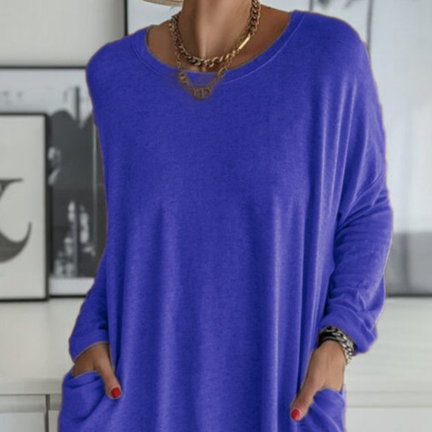 Spring And Summer New Round Neck Long Sleeve Loose Pockets Solid Color