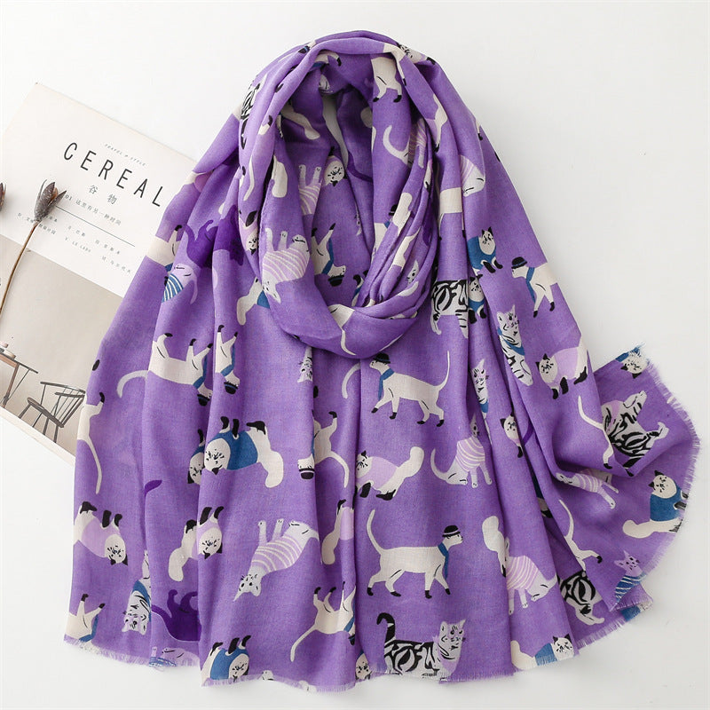 Cotton And Linen Hand Scarf Fashion Cat Cartoon Thermal Shawl