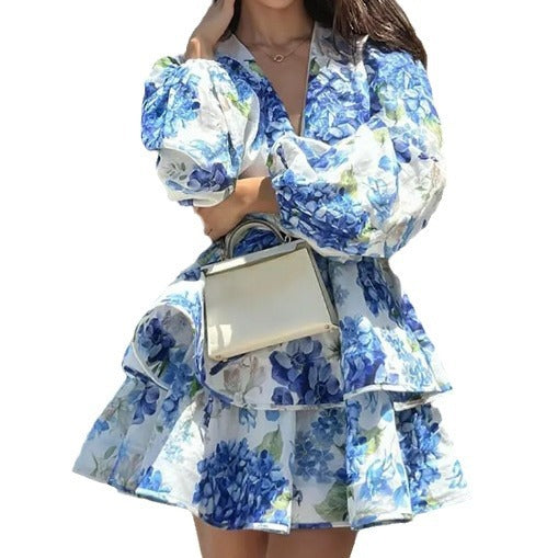 Printed Short V-neck Dress With Long Sleeves