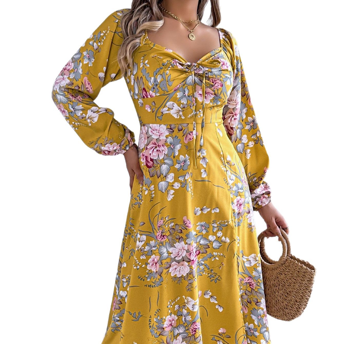 Womens Sexy Lace-Up Knot-Details Floral Long-Sleeve Slit Dress