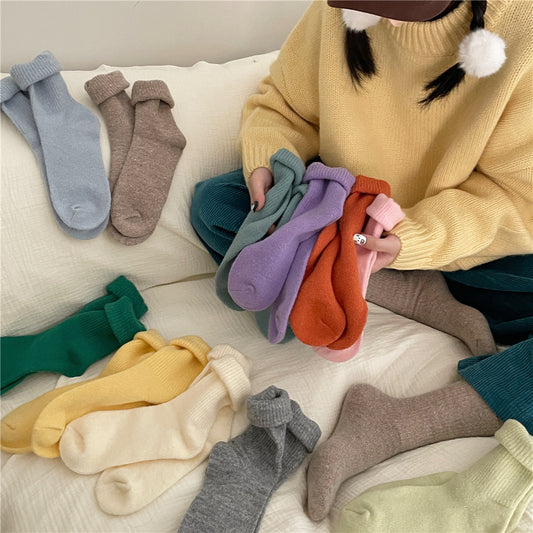 Solid-color Wool Socks Extra-thick And Warm Mid-calf Socks