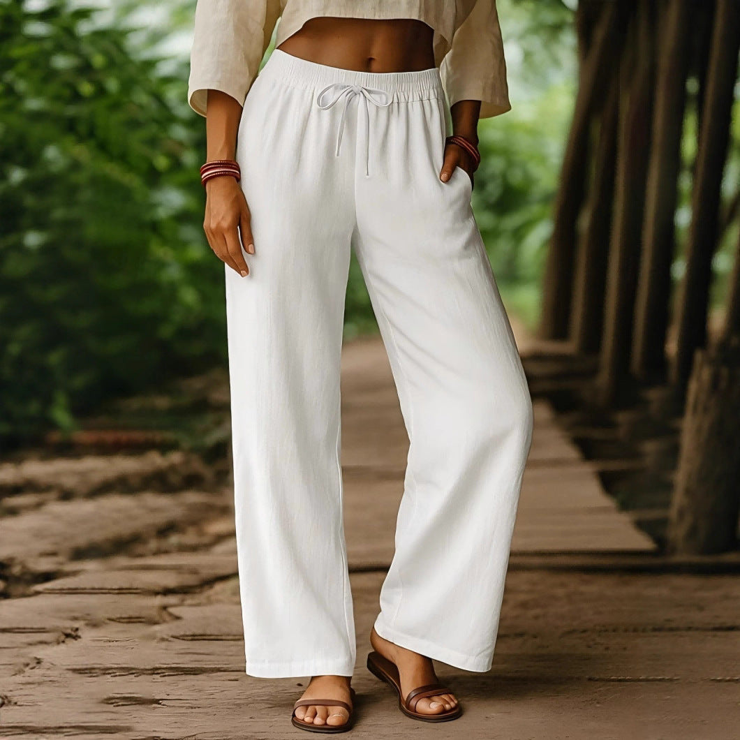 Elastic Casual Solid Color Cotton Linen Wide Leg Pants