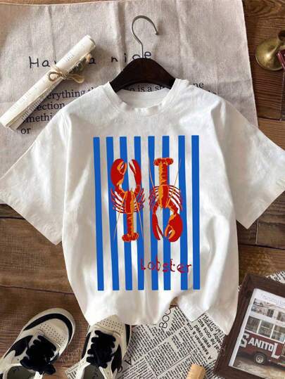 Casual Round Neck Short Sleeves Lobster Print Gra