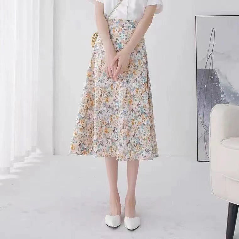 Floral Skirt High Waist Chiffon Printed Mid-length
