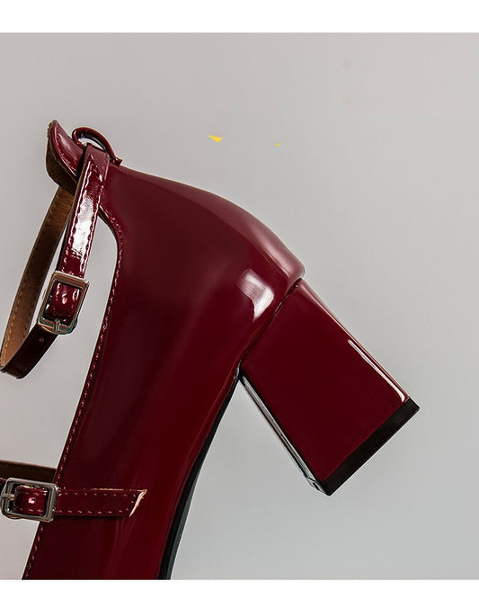 Vintage Thick Heeled Patent Leather Single Shoes