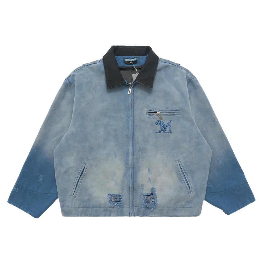 American Retro Canvas Workwear Contrast Color Lapels Denim Jacket