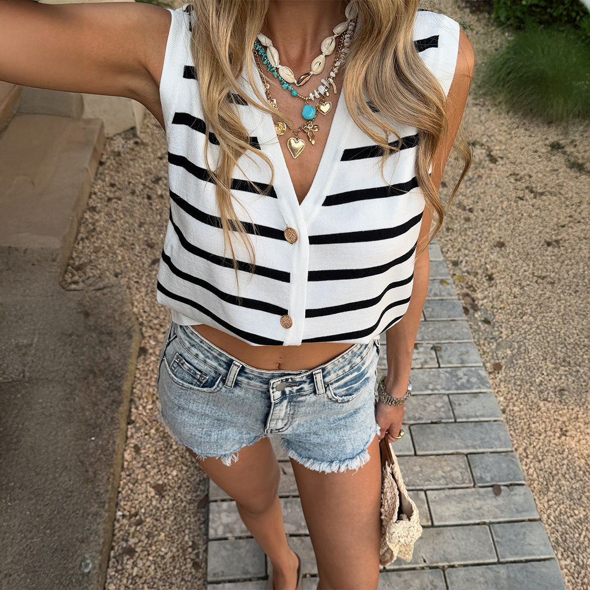 Retro V-neck Striped Cardigan Vest Sweater