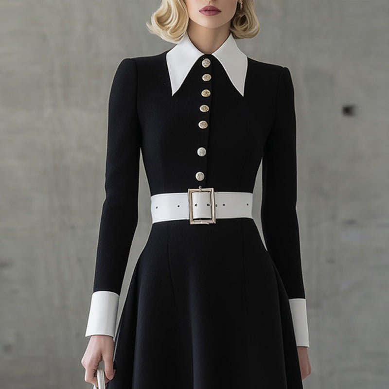 Womens Slimming Long Sleeve Dress With A Turn Down Collar