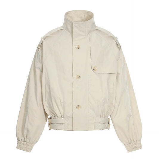 Mens Retro Solid-Color Stand-Up Collar Short Casual Jacket