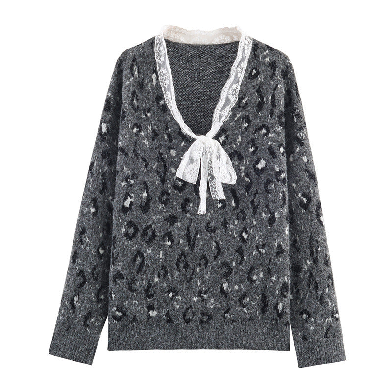 Women's Loose Ruffled Leopard Print Pullover Sweater